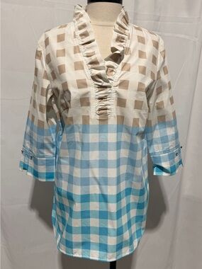 NWT $195 Ming Wang Cotton Poplin Color Block Windowpane Plaid Top Shirt